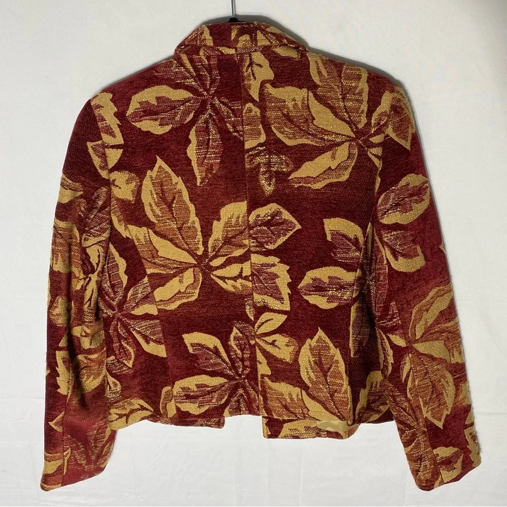 Harvé Benard Red Yellow Chenille Leaf Print Tapestry Open Front Blazer Jacket S - Picture 2 of 14